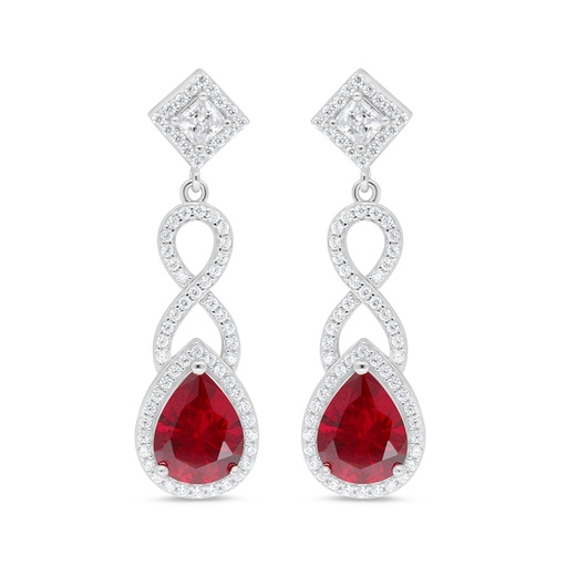 [EAR01RUB00WCZC996] Sterling Silver 925 Earring Rhodium Plated Embedded With Ruby Corundum And White Zircon