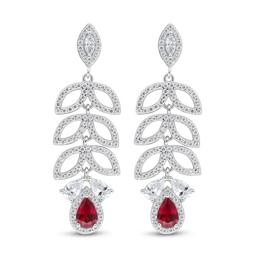 [EAR01RUB00WCZC997] Sterling Silver 925 Earring Rhodium Plated Embedded With Ruby Corundum And White Zircon