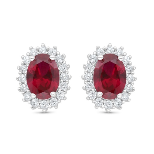 [EAR01RUB00WCZC999] Sterling Silver 925 Earring Rhodium Plated Embedded With Ruby Corundum And White Zircon