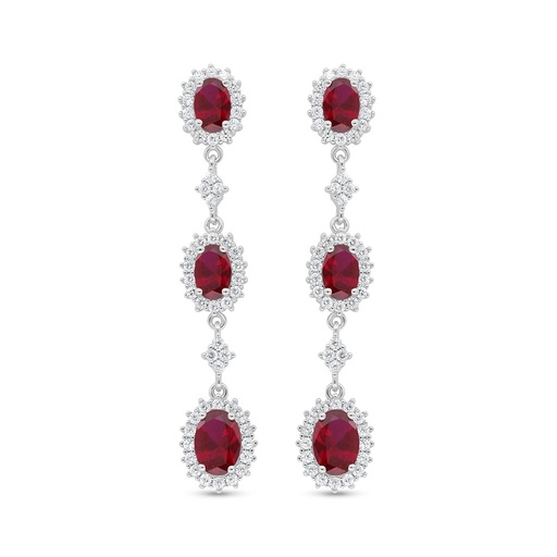 [EAR01RUB00WCZD001] Sterling Silver 925 Earring Rhodium Plated Embedded With Ruby Corundum And White Zircon