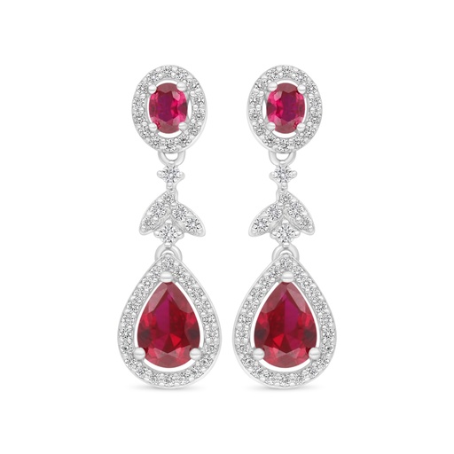 [EAR01RUB00WCZD002] Sterling Silver 925 Earring Rhodium Plated Embedded With Ruby Corundum And White Zircon