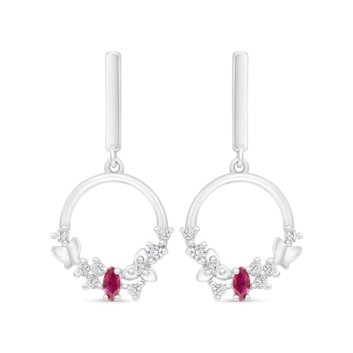 [EAR01RUB00WCZD003] Sterling Silver 925 Earring Rhodium Plated Embedded With Ruby Corundum And White Zircon