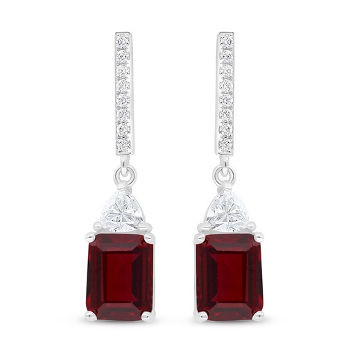 [EAR01RUB00WCZD012] Sterling Silver 925 Earring Rhodium Plated Embedded With Ruby Corundum And White Zircon