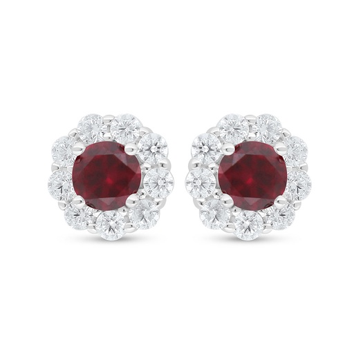 [EAR01RUB00WCZD032] Sterling Silver 925 Earring Rhodium Plated Embedded With Ruby Corundum And White Zircon