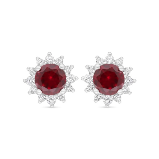 [EAR01RUB00WCZD065] Sterling Silver 925 Earring Rhodium Plated Embedded With Ruby Corundum And White Zircon