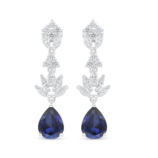 [EAR01SAP00WCZC987] Sterling Silver 925 Earring Rhodium Plated Embedded With Sapphire Corundum And White Zircon