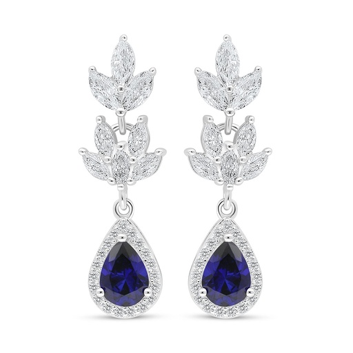 [EAR01SAP00WCZC992] Sterling Silver 925 Earring Rhodium Plated Embedded With Sapphire Corundum And White Zircon