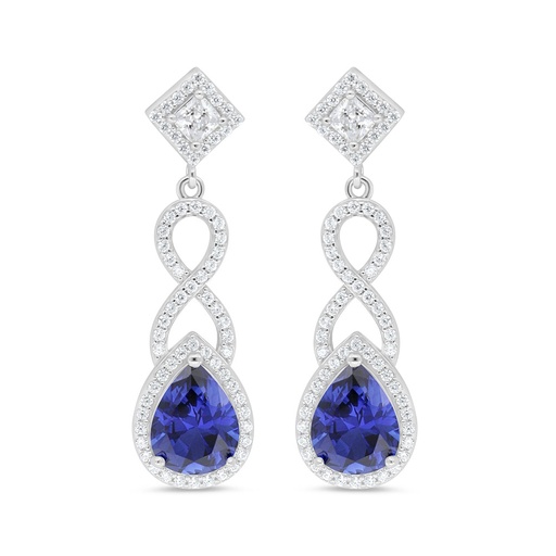 [EAR01SAP00WCZC996] Sterling Silver 925 Earring Rhodium Plated Embedded With Sapphire Corundum And White Zircon