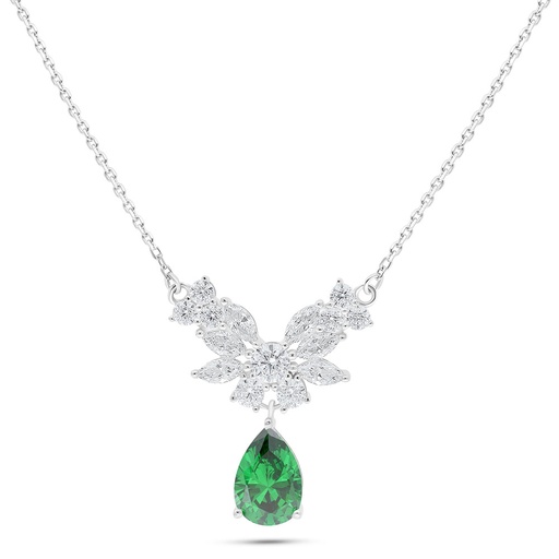[NCL01EMR00WCZC081] Sterling Silver 925 Necklace Rhodium Plated Embedded With Emerald Zircon And White Zircon