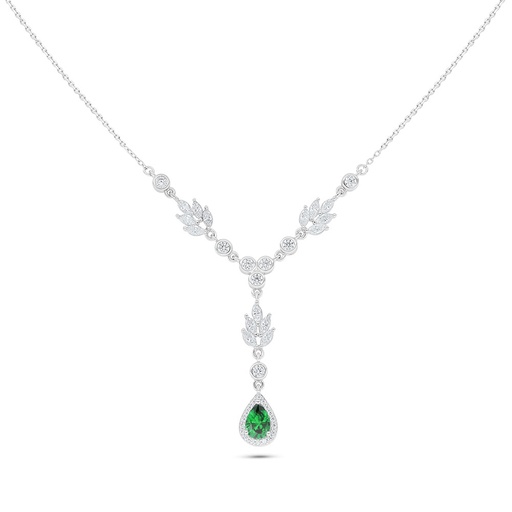 [NCL01EMR00WCZC082] Sterling Silver 925 Necklace Rhodium Plated Embedded With Emerald Zircon And White Zircon
