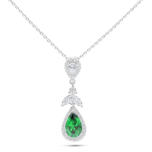 [NCL01EMR00WCZC083] Sterling Silver 925 Necklace Rhodium Plated Embedded With Emerald Zircon And White Zircon