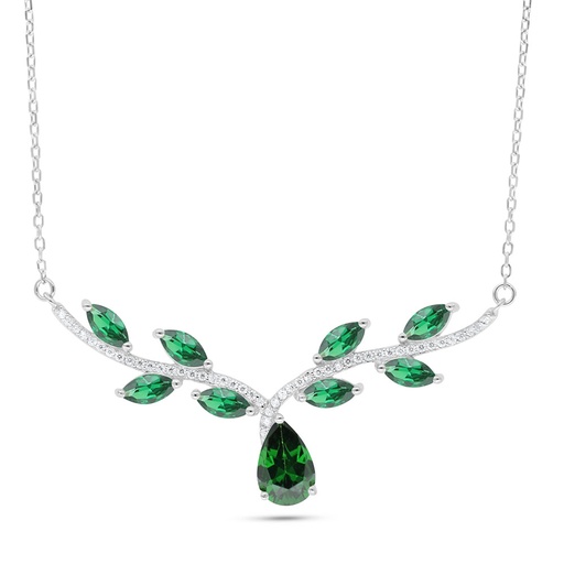 [NCL01EMR00WCZC089] Sterling Silver 925 Necklace Rhodium Plated Embedded With Emerald Zircon And White Zircon