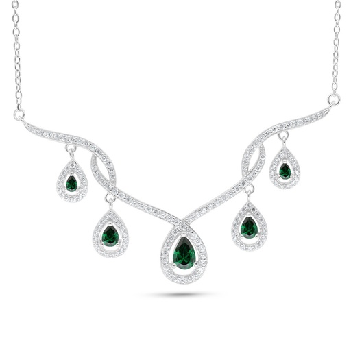 [NCL01EMR00WCZC090] Sterling Silver 925 Necklace Rhodium Plated Embedded With Emerald Zircon And White Zircon
