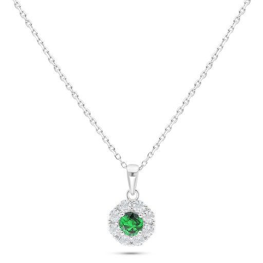 [NCL01EMR00WCZC122] Sterling Silver 925 Necklace Rhodium Plated Embedded With Emerald Zircon And White Zircon