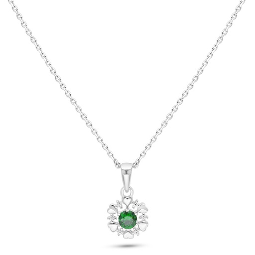 [NCL01EMR00WCZC129] Sterling Silver 925 Necklace Rhodium Plated Embedded With Emerald Zircon And White Zircon