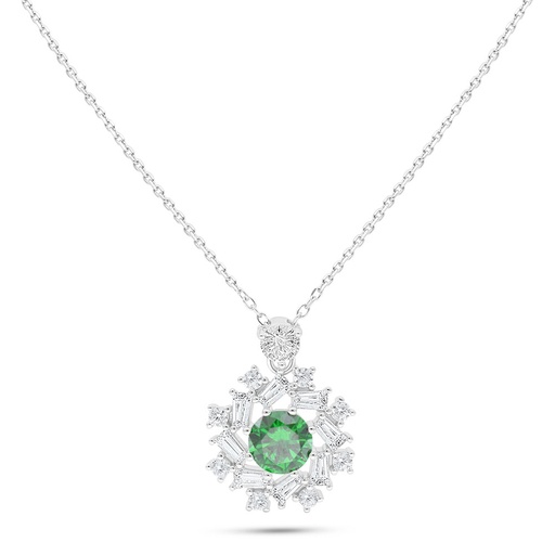 [NCL01EMR00WCZC131] Sterling Silver 925 Necklace Rhodium Plated Embedded With Emerald Zircon And White Zircon