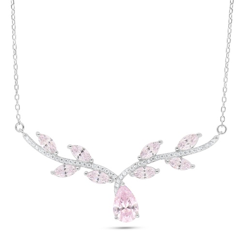 [NCL01PIK00WCZC089] Sterling Silver 925 Necklace Rhodium Plated Embedded With Pink Zircon And White Zircon