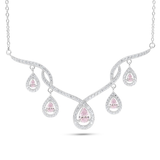 [NCL01PIK00WCZC090] Sterling Silver 925 Necklace Rhodium Plated Embedded With Pink Zircon And White Zircon