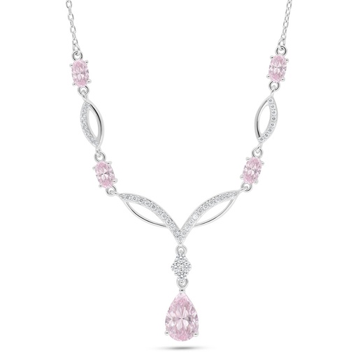 [NCL01PIK00WCZC091] Sterling Silver 925 Necklace Rhodium Plated Embedded With Pink Zircon And White Zircon