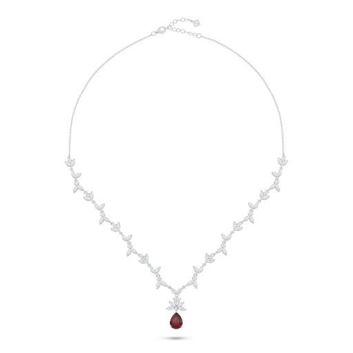 [NCL01RUB00WCZC080] Sterling Silver 925 Necklace Rhodium Plated Embedded With Ruby Corundum And White Zircon