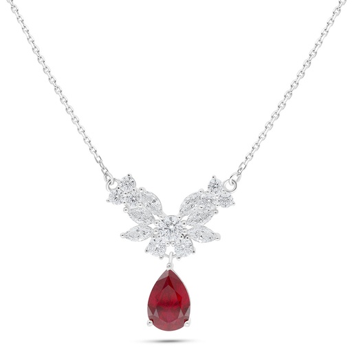 [NCL01RUB00WCZC081] Sterling Silver 925 Necklace Rhodium Plated Embedded With Ruby Corundum And White Zircon