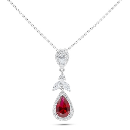 [NCL01RUB00WCZC083] Sterling Silver 925 Necklace Rhodium Plated Embedded With Ruby Corundum And White Zircon