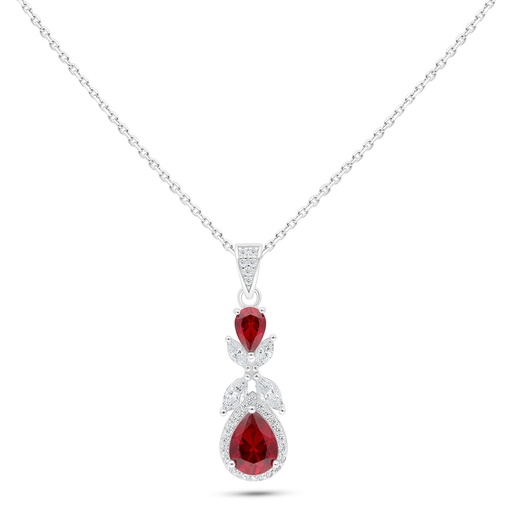 [NCL01RUB00WCZC084] Sterling Silver 925 Necklace Rhodium Plated Embedded With Ruby Corundum And White Zircon