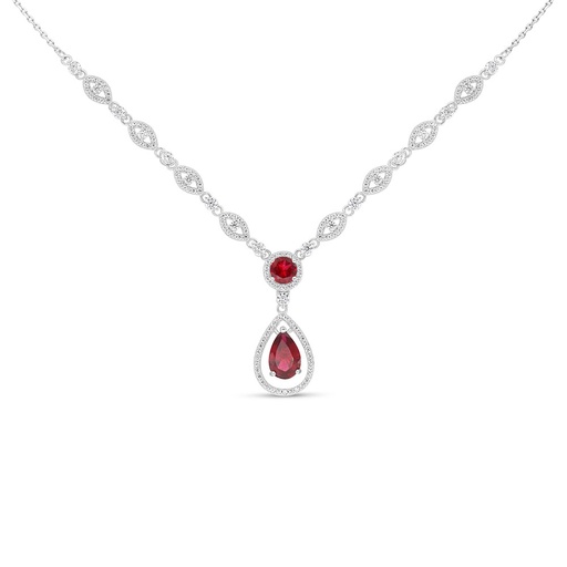 [NCL01RUB00WCZC085] Sterling Silver 925 Necklace Rhodium Plated Embedded With Ruby Corundum And White Zircon