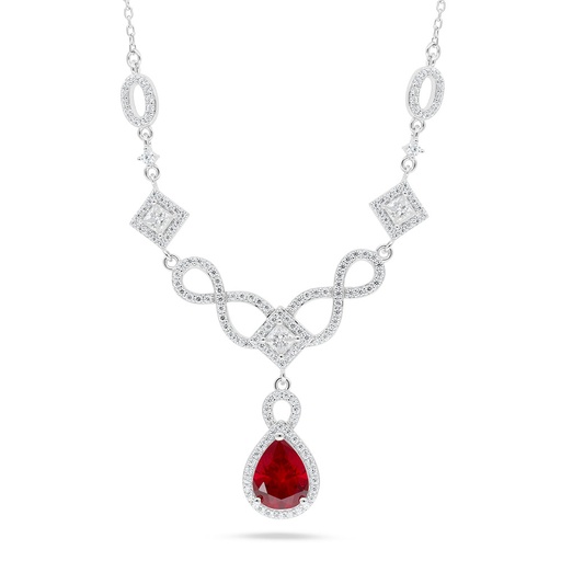 [NCL01RUB00WCZC086] Sterling Silver 925 Necklace Rhodium Plated Embedded With Ruby Corundum And White Zircon