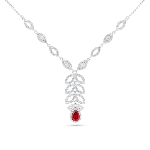 [NCL01RUB00WCZC087] Sterling Silver 925 Necklace Rhodium Plated Embedded With Ruby Corundum And White Zircon