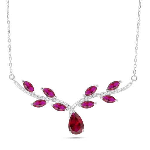 [NCL01RUB00WCZC089] Sterling Silver 925 Necklace Rhodium Plated Embedded With Ruby Corundum And White Zircon