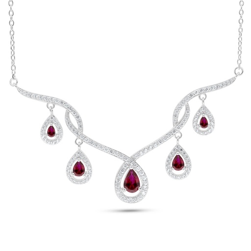 [NCL01RUB00WCZC090] Sterling Silver 925 Necklace Rhodium Plated Embedded With Ruby Corundum And White Zircon