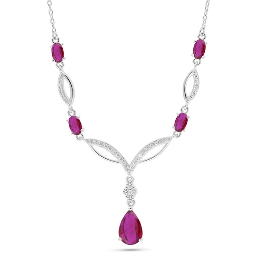 [NCL01RUB00WCZC091] Sterling Silver 925 Necklace Rhodium Plated Embedded With Ruby Corundum And White Zircon