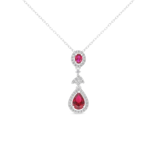 [NCL01RUB00WCZC094] Sterling Silver 925 Necklace Rhodium Plated Embedded With Ruby Corundum And White Zircon