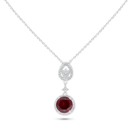 [NCL01RUB00WCZC120] Sterling Silver 925 Necklace Rhodium Plated Embedded With Ruby Corundum And White Zircon