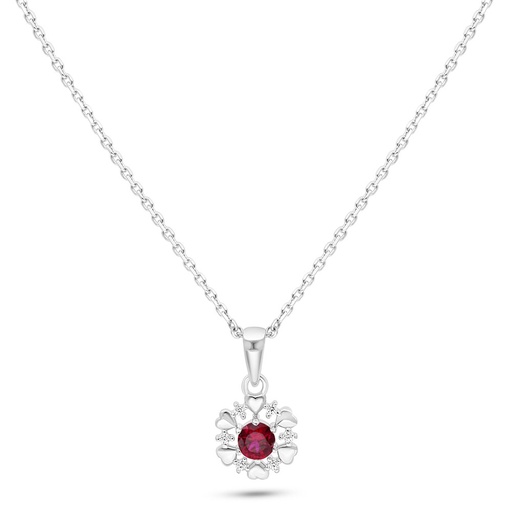 [NCL01RUB00WCZC129] Sterling Silver 925 Necklace Rhodium Plated Embedded With Ruby Corundum And White Zircon