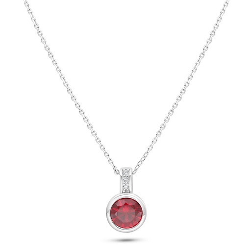 [NCL01RUB00WCZC130] Sterling Silver 925 Necklace Rhodium Plated Embedded With Ruby Corundum And White Zircon