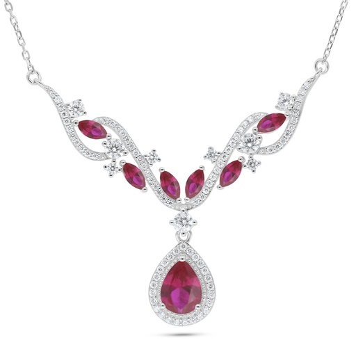 [NCL01RUB00WCZC135] Sterling Silver 925 Necklace Rhodium Plated Embedded With Ruby Corundum And White Zircon