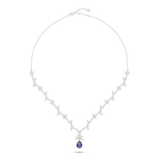 [NCL01SAP00WCZC080] Sterling Silver 925 Necklace Rhodium Plated Embedded With Sapphire Corundum And White Zircon