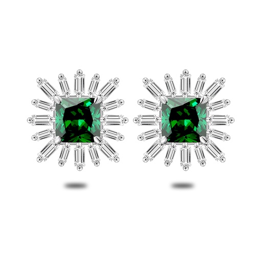 [EAR01EMR00WCZC554] Sterling Silver 925 Earring Rhodium Plated Embedded With Emerald Zircon And White Zircon