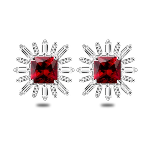 [EAR01RUB00WCZC554] Sterling Silver 925 Earring Rhodium Plated Embedded With Ruby Corundum And White Zircon
