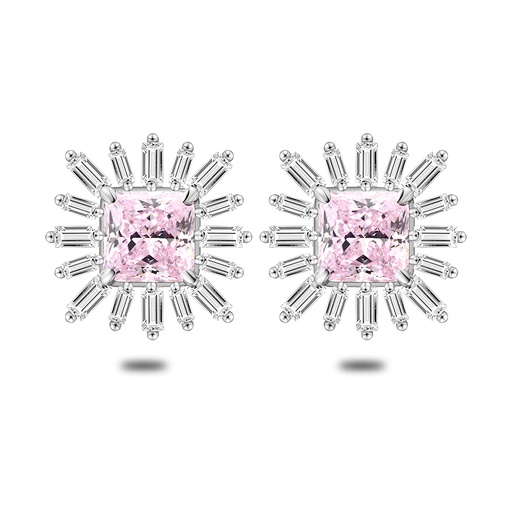 [EAR01PIK00WCZC554] Sterling Silver 925 Earring Rhodium Plated Embedded With Pink Zircon And White Zircon