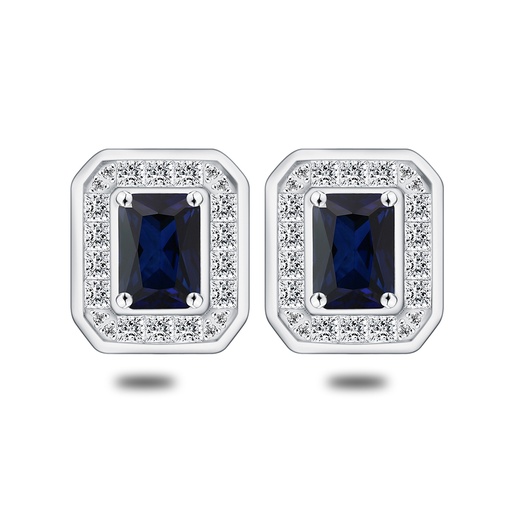 [EAR01SAP00WCZC559] Sterling Silver 925 Earring Rhodium Plated Embedded With Sapphire Corundum And White Zircon