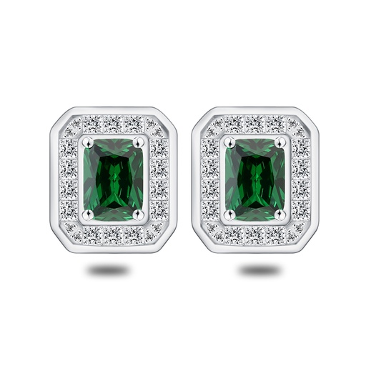 [EAR01EMR00WCZC559] Sterling Silver 925 Earring Rhodium Plated Embedded With Emerald Zircon And White Zircon