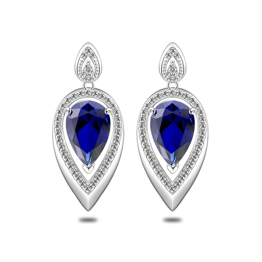 [EAR01SAP00WCZC561] Sterling Silver 925 Earring Rhodium Plated Embedded With Sapphire Corundum And White Zircon