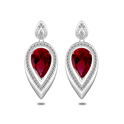 [EAR01RUB00WCZC561] Sterling Silver 925 Earring Rhodium Plated Embedded With Ruby Corundum And White Zircon