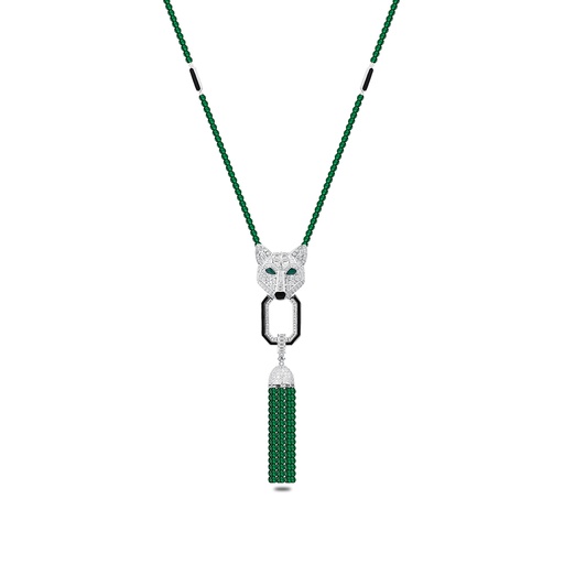 [NCL01EMR00WCZB668] Sterling Silver 925 Necklace Rhodium Plated Embedded With Emerald Zircon And White Zircon