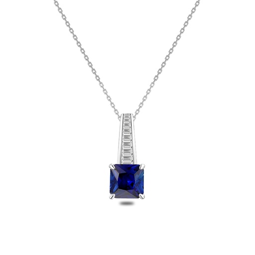 [NCL01SAP00WCZB669] Sterling Silver 925 Necklace Rhodium Plated Embedded With Sapphire Corundum And White Zircon