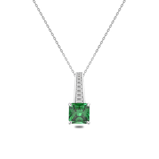 [NCL01EMR00WCZB669] Sterling Silver 925 Necklace Rhodium Plated Embedded With Emerald Zircon And White Zircon