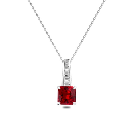 [NCL01RUB00WCZB669] Sterling Silver 925 Necklace Rhodium Plated Embedded With Ruby Corundum And White Zircon